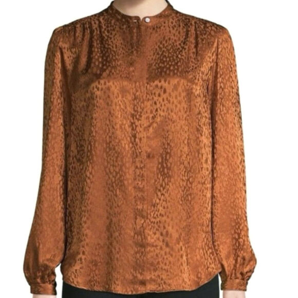ALC Silk Animal Print Mandarin Collar Long Sleeve Button Down Blouse Top Size 8 - Picture 15 of 16